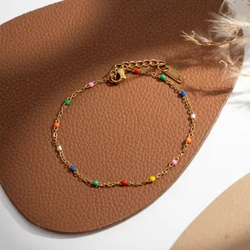 Pulsera de eslabones finos con bolitas de colores en acero dorado Modelo Elba