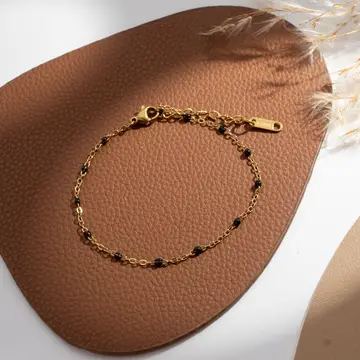 Pulsera de eslabones finos con bolitas de colores en acero dorado Modelo Elba negra