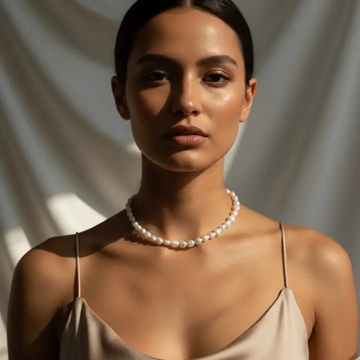 Collar choker de perlas barrocas naturales en acero – Modelo Oceanía
