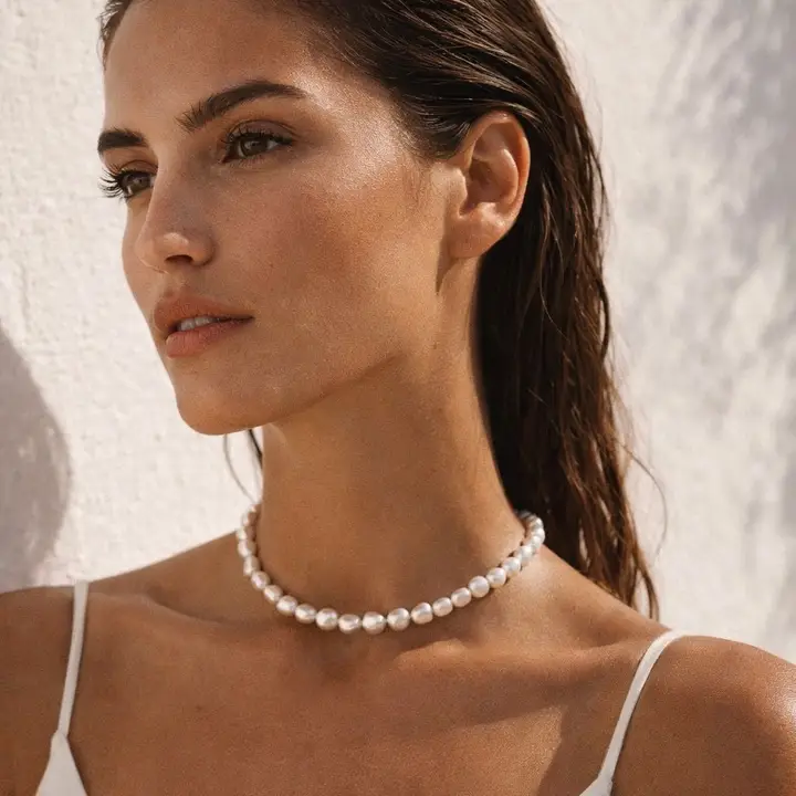 Detalle de perlas barrocas de río irregulares en collar choker de acero
