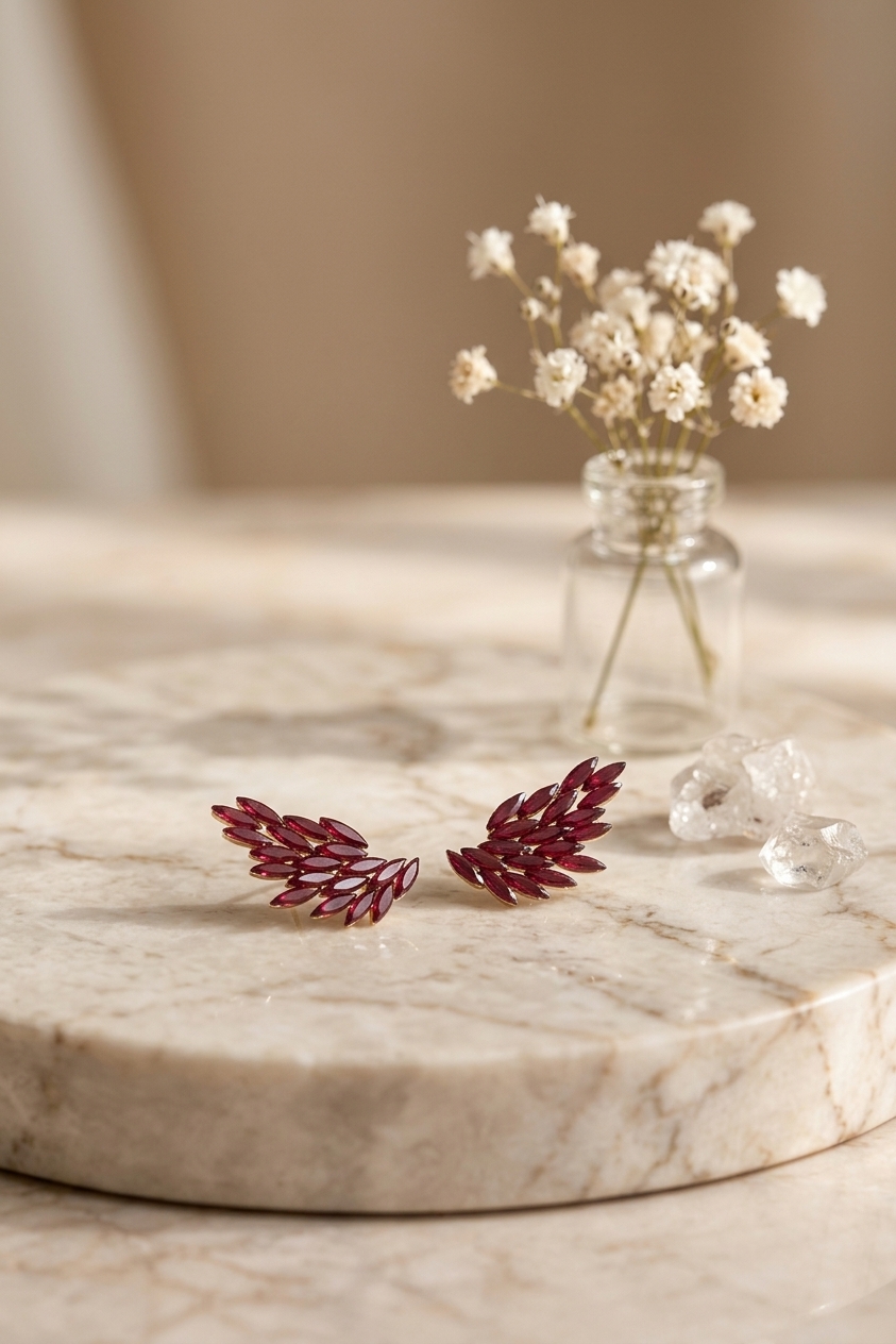 Pendientes de diseño en abanico con cristales burdeos Modelo Malva